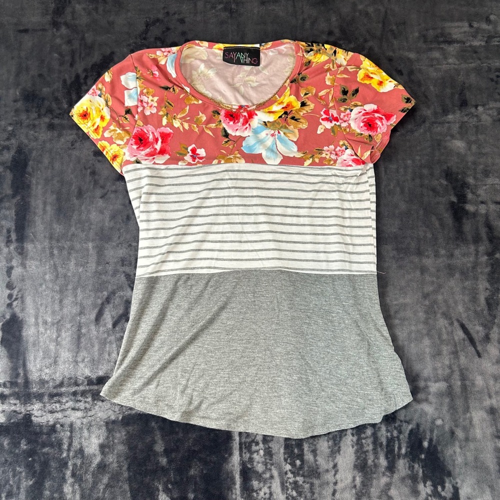 Say Anything Top Women Large Multi Colorblock Floral Striped Chain‎ Detail